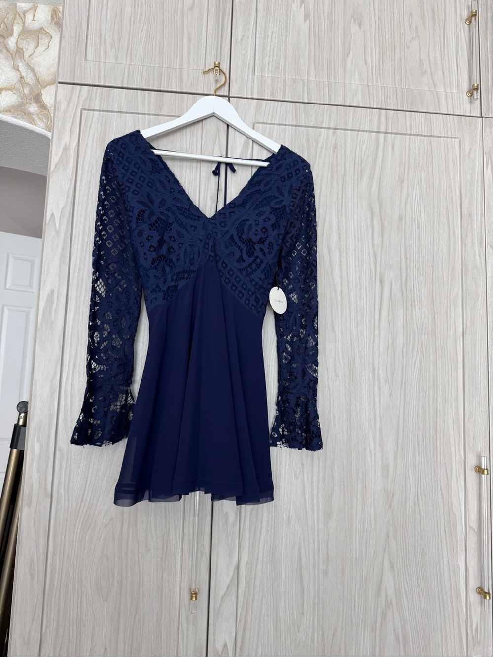 Tularosa Navy Lace V-Neck dress with Sheer lace Sleeves